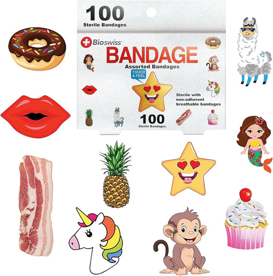 Bandages, Assorted Animal, Fun, and Food Shaped Self Adhesive Bandage Set, Latex Free, Sterile Wound Care, 100 Count